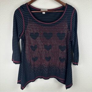 Y2K Alt Emo Scene Girl Stripe Heart Studded Top Womens Large Asymmetrical Hem